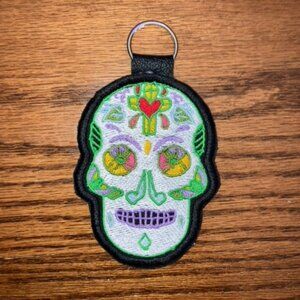 Day of the Dead Sugar Skull embroidered key chain on leather